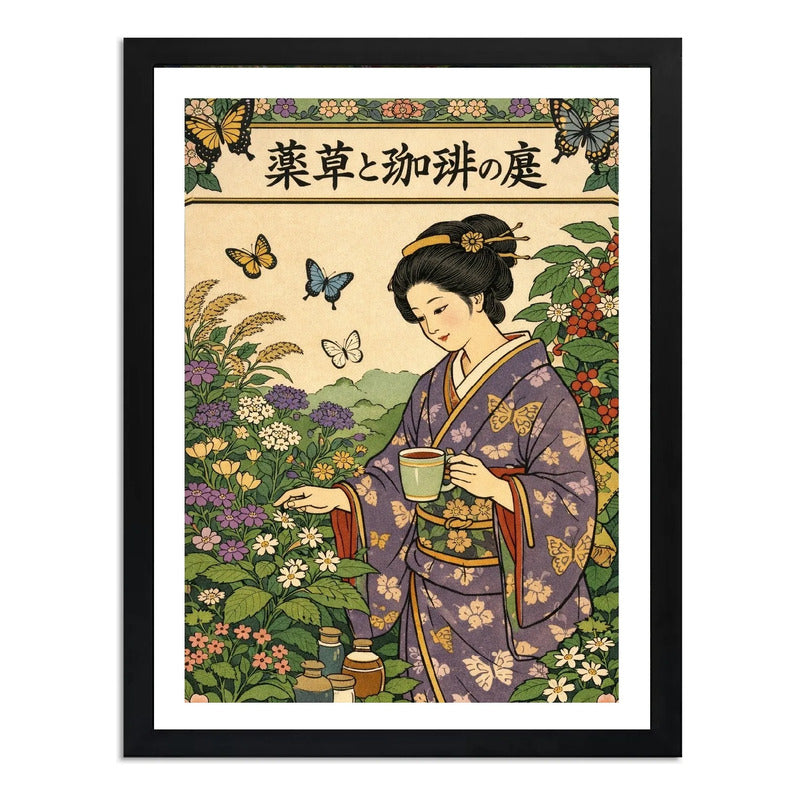 Cuadro Geisha Cafe Jardin De Hierbas Japón Botanico Cocina Marco Negro