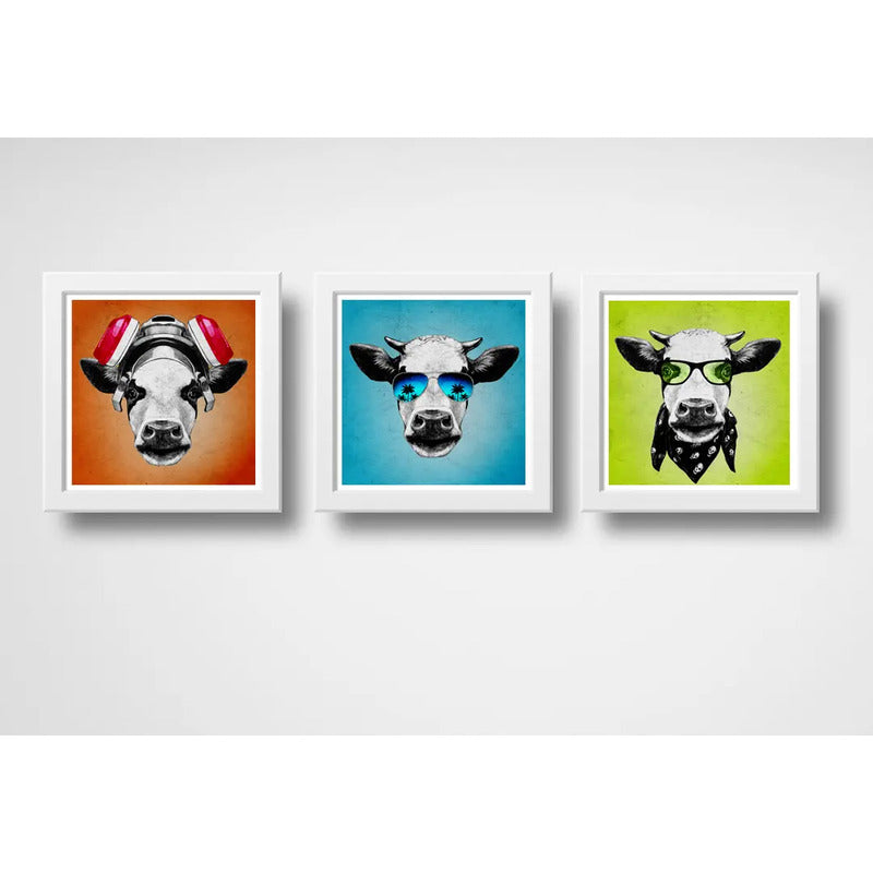 Set 3 Cuadros Vaca Hipster Pop Art Gafas Animales Decoracion