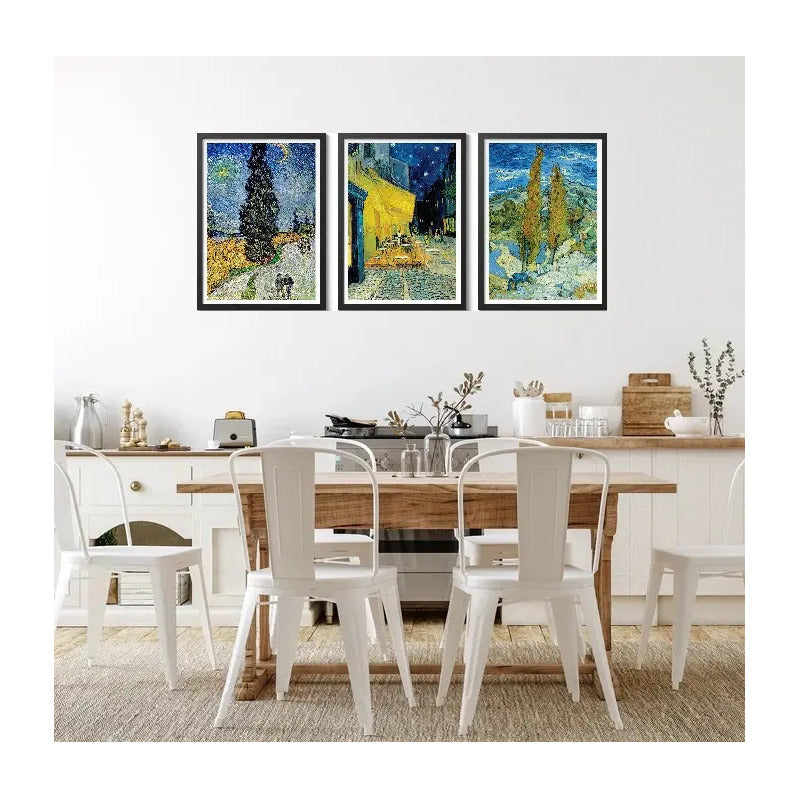 Set 3 Cuadros Living Van Gogh Arte Cipreses Terraza En Café Marco Negro