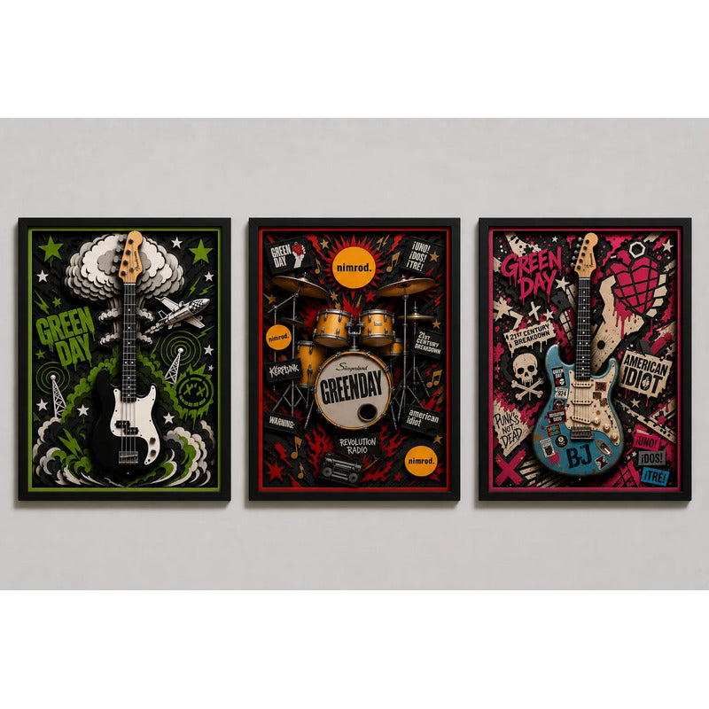Set 3 Cuadros Green Day Punk Rock Instrumentos Musicales Marco Negro