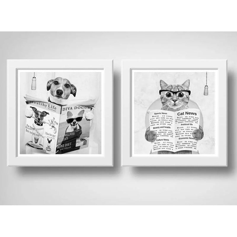 Set 2 Cuadros Perro Gato Baño Blanco Y Negro Mascotas Pet
