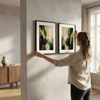 Set 2 Cuadros Boho Arte Abstracto Verde Beige Con Paspartu 43x33cm Cada Cuadro Negro