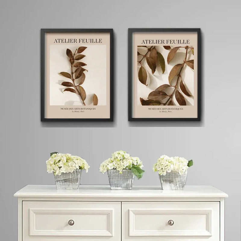 Set 2 Cuadros Dormitorio Living Tonos Marron Hojas Botanico Marco Negro