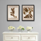 Set 2 Cuadros Dormitorio Living Tonos Marron Hojas Botanico Marco Negro