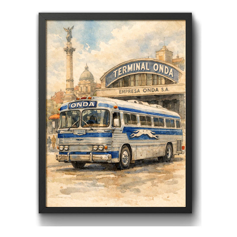Cuadro Onda Ómnibus Autobuses Uruguay Buso Vintage Retro Frente A Su Terminal Negro