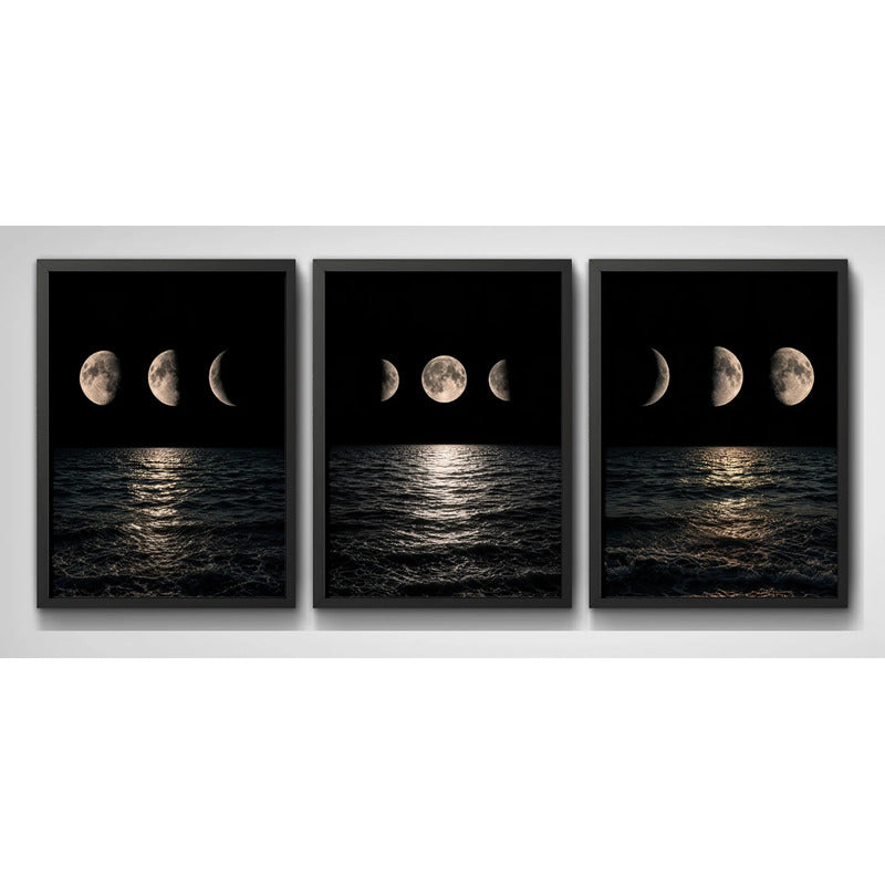 Set 3 Cuadros Fases Lunares Sobre El Mar A La Noche Nautico Marco Negro