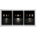 Set 3 Cuadros Fases Lunares Sobre El Mar A La Noche Nautico Marco Negro