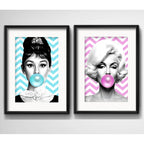 Set 2 Cuadros Marilyn Audrey Hepburn Chicle Pop Art Paspartu