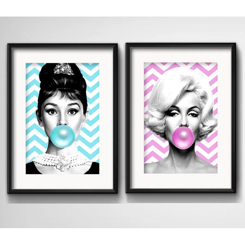 Set 2 Cuadros Marilyn Audrey Hepburn Chicle Pop Art Paspartu