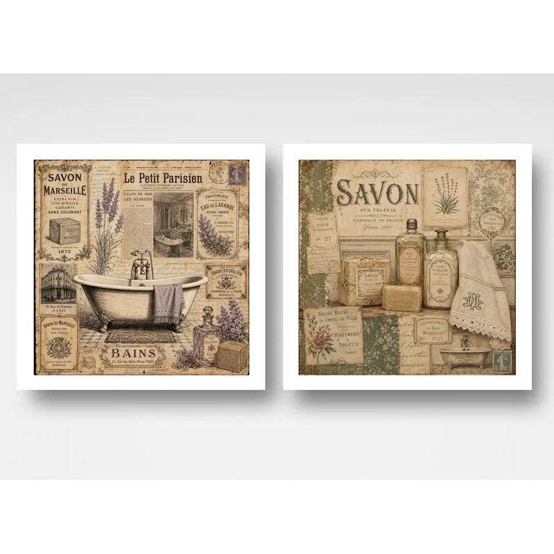 Set 2 Cuadros Decoracion Bano Paris Retro Banera Jabones Marco Blanco