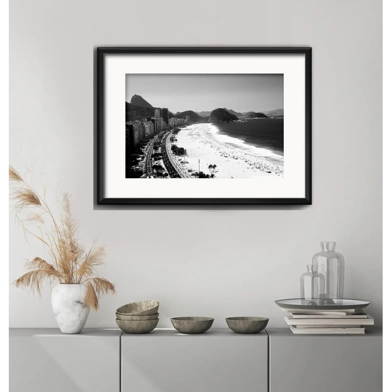Cuadro Rio De Janeiro Blanco Y Negro B7 53x43cm Con Paspartú Playa De Copacabana Avenida Atlantica Con Marco Negro