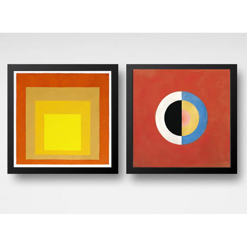 Set 2 Cuadros Josef Albers Hilma Af Klint Tonos Rojo 33x33cm Marco Negro