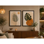 Set 2 Cuadros Living Abstracto Boho Hojas Tonos Beige Neutro Marco Negro