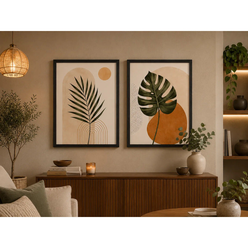Set 2 Cuadros Living Abstracto Boho Hojas Tonos Beige Neutro Marco Negro