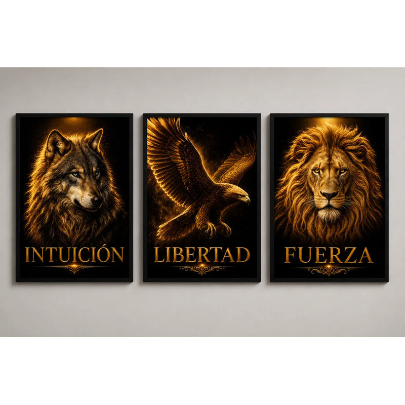 Set 3 Cuadros Motivacional Lobo León Águila Brs4 Oficina Marco Negro