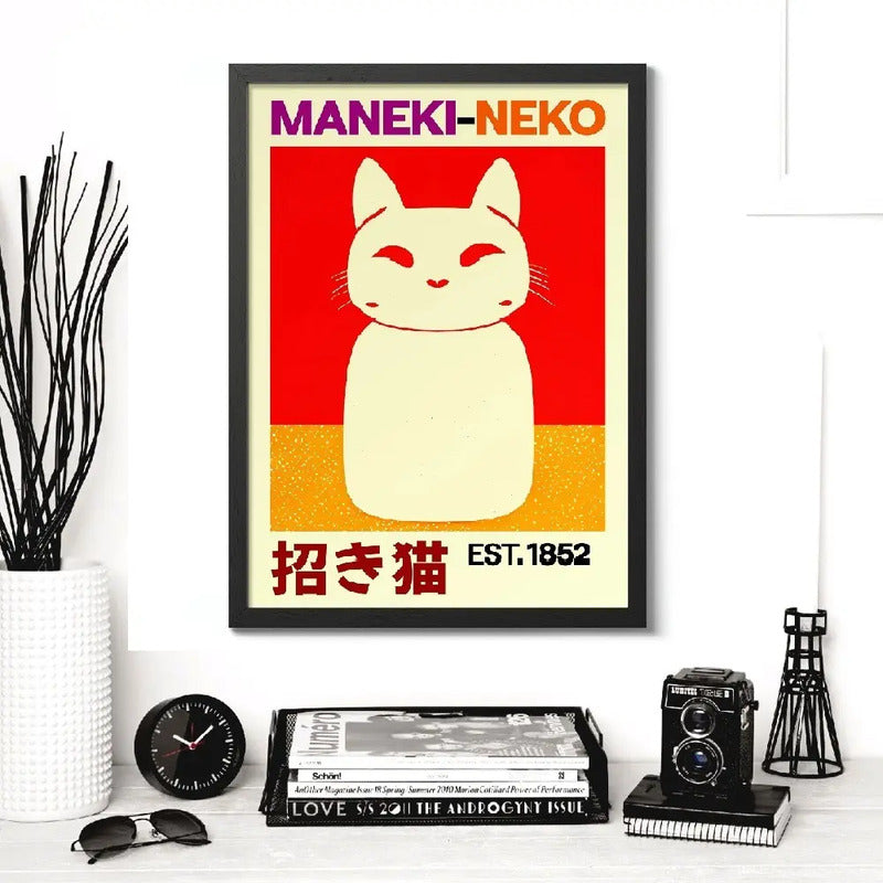 Cuadro Gato Maneki Neko Pop Art 1852 Arte Japonés Decoracion Marco Negro