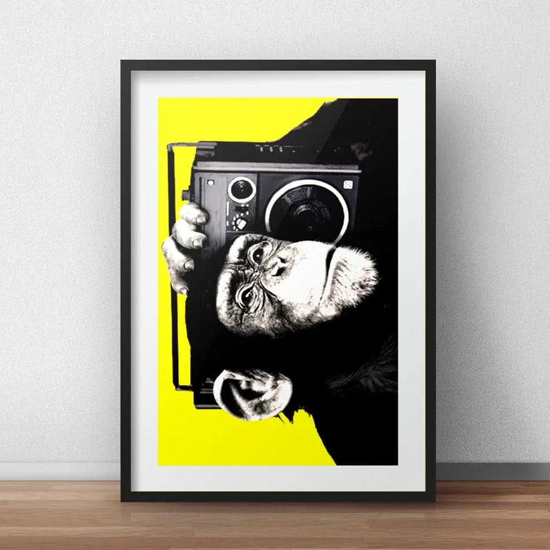 Cuadro Mono Con Radio Chimpancé Decoracion Con Paspartú