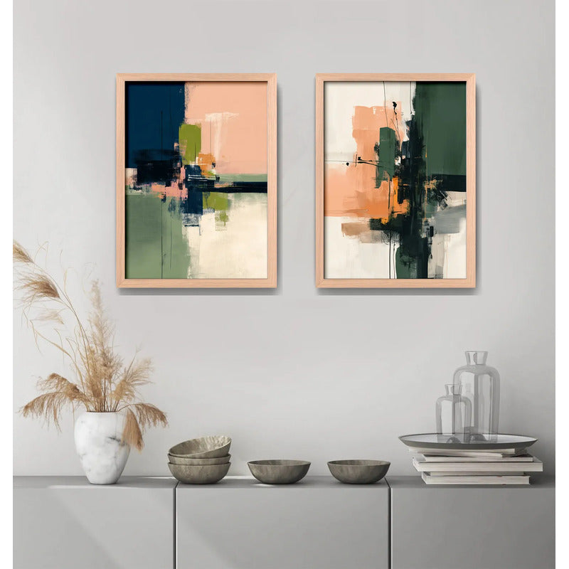 Set 2 Cuadros Dormitorio Living Abstracto Arte Verde Durazno Marco Marrón Claro