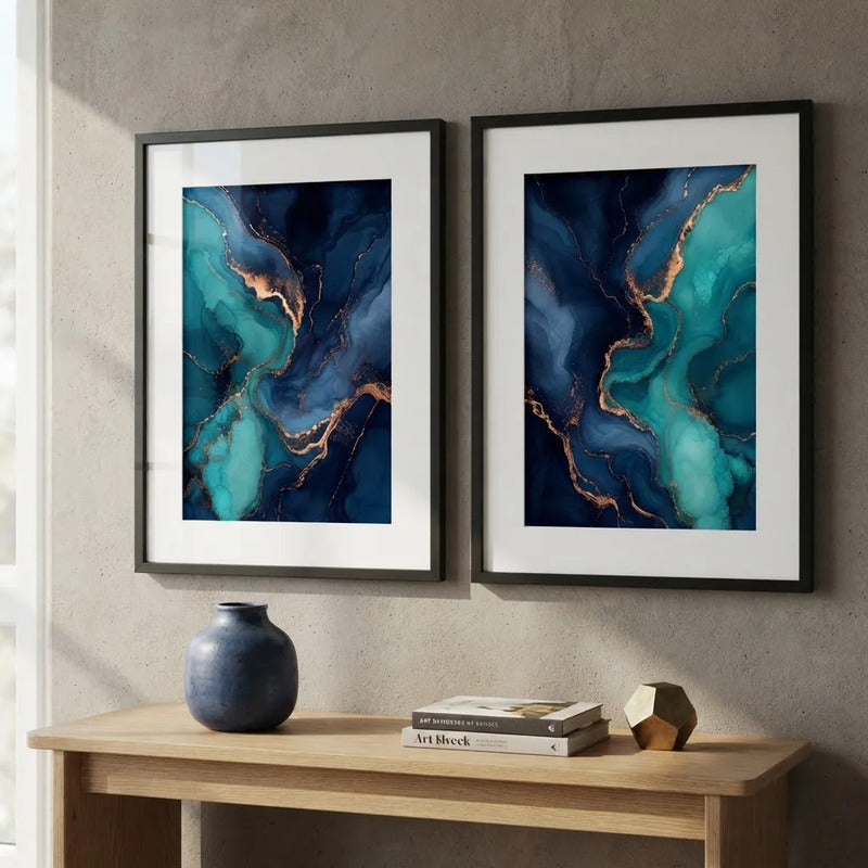 Set 2 Cuadros Abstracto Mármol Azul Turquesa Con Paspartu 43x33cm Cada Cuadro Negro
