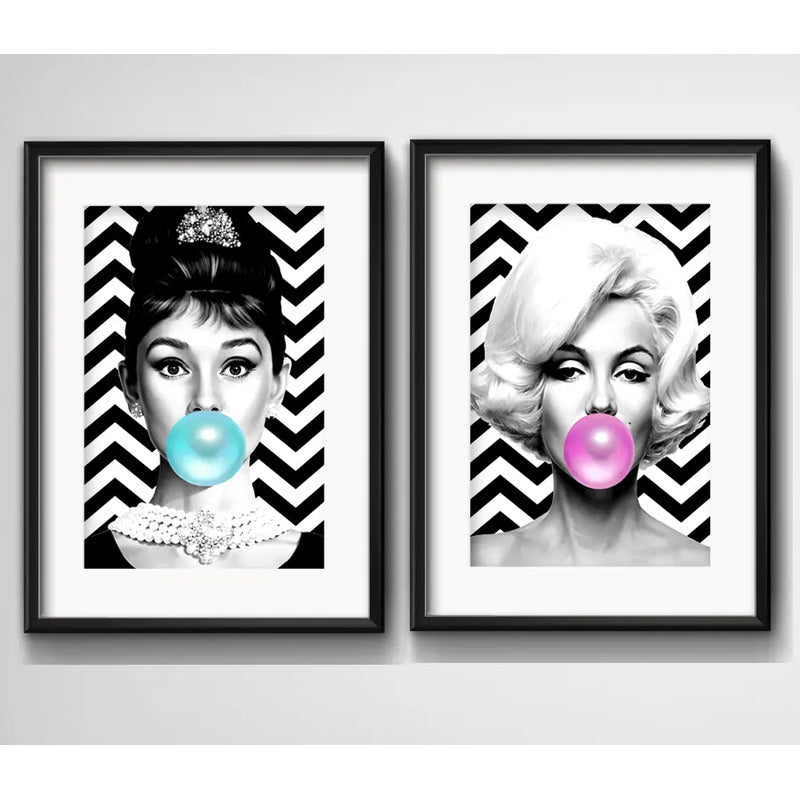 Set 2 Cuadros Marilyn Monroe Audrey Hepburn Chicle Paspartu