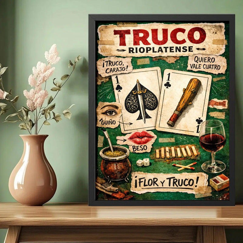 Cuadro Truco Rioplatense Juego De Naipes Arte Retro Uruguay Marco Negro