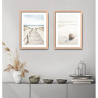Set 2 Cuadros Paisajes De Playa Tonos Neutros Caracola Arena Marco Madera Natural Oak