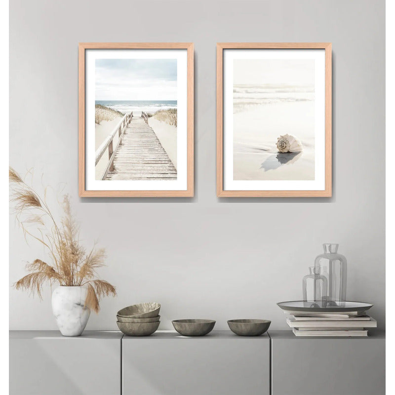 Set 2 Cuadros Paisajes De Playa Tonos Neutros Caracola Arena Marco Madera Natural Oak