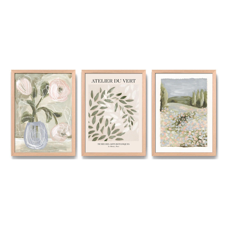 Set 3 Cuadros Románticos En Verde Botanica Tonos Suave Oak Marco Marrón Claro
