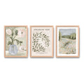 Set 3 Cuadros Románticos En Verde Botanica Tonos Suave Oak Marco Marrón Claro