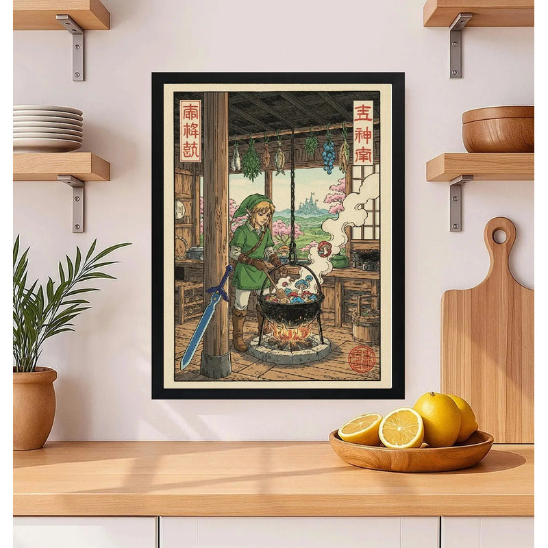 Cuadro Zelda Chef Cocina Hongos Comida Japón Game Decoracion Marco Negro