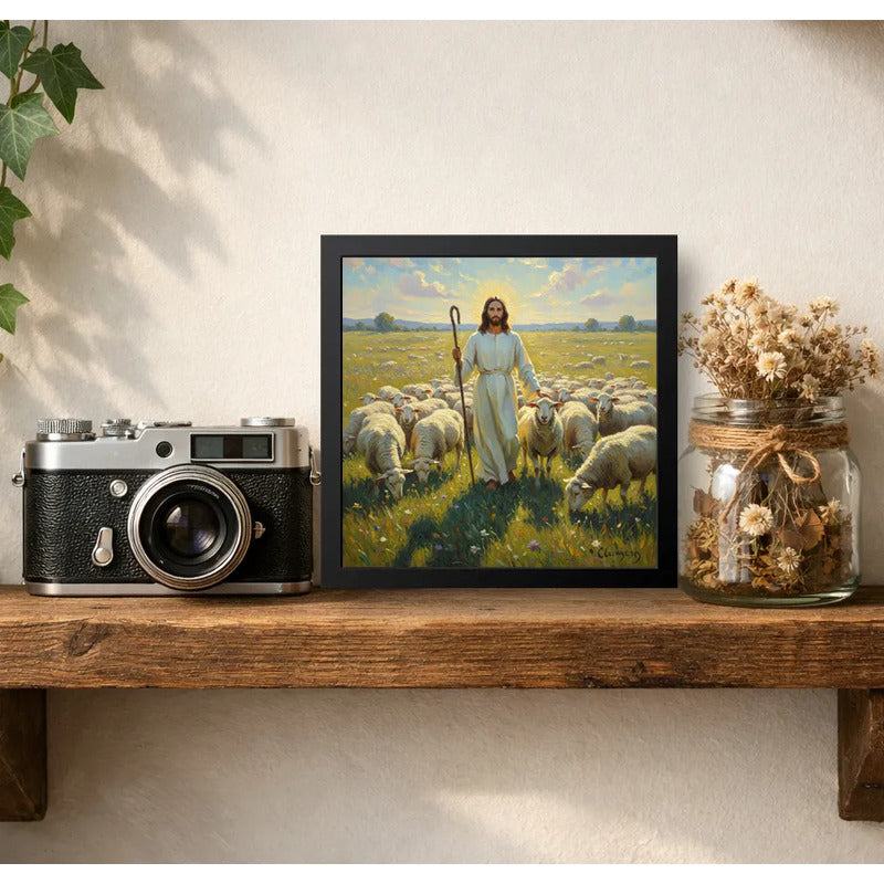 Cuadro Jesús Cristo El Buen Pastor Arte Rebaño Ovejas Marco Negro