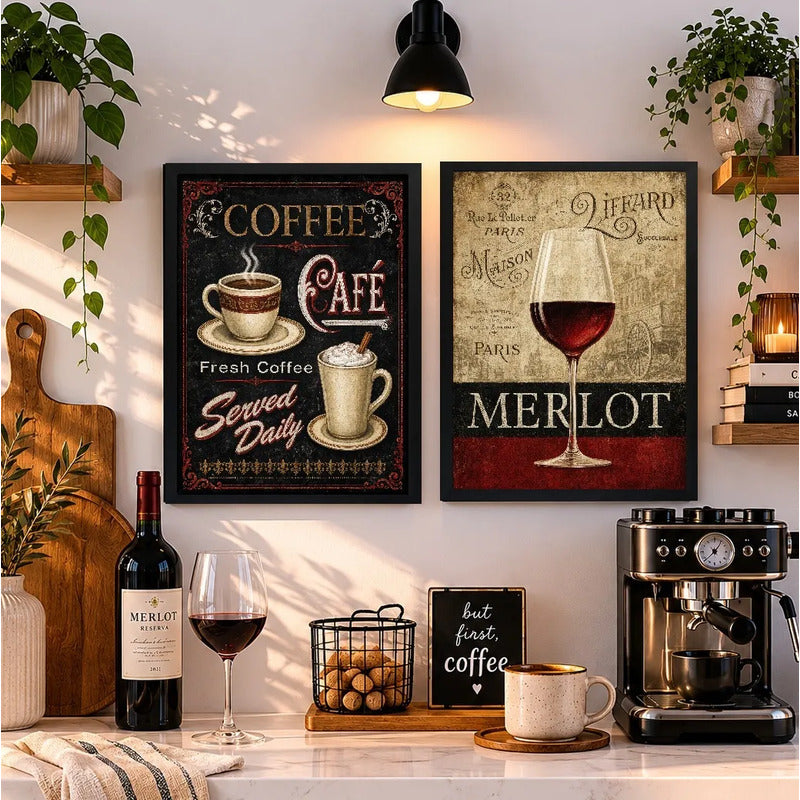 Set 2 Cuadros Café Y Vino Retro Decora Cocina Living Comedor Marco Negro