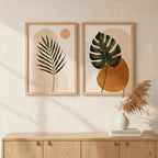 Set 2 Cuadros Living Abstracto Boho Hojas Tonos Beige Neutro Marco Marrón Claro