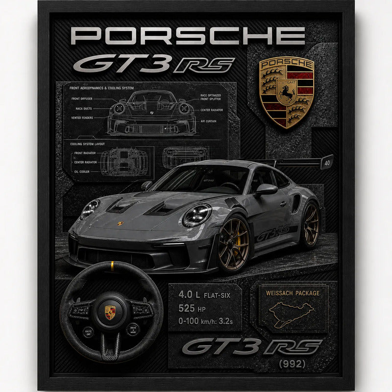 Cuadro Porsche Gt3 992 Auto Icónico Detalles Specs Efecto 3d Marco Negro