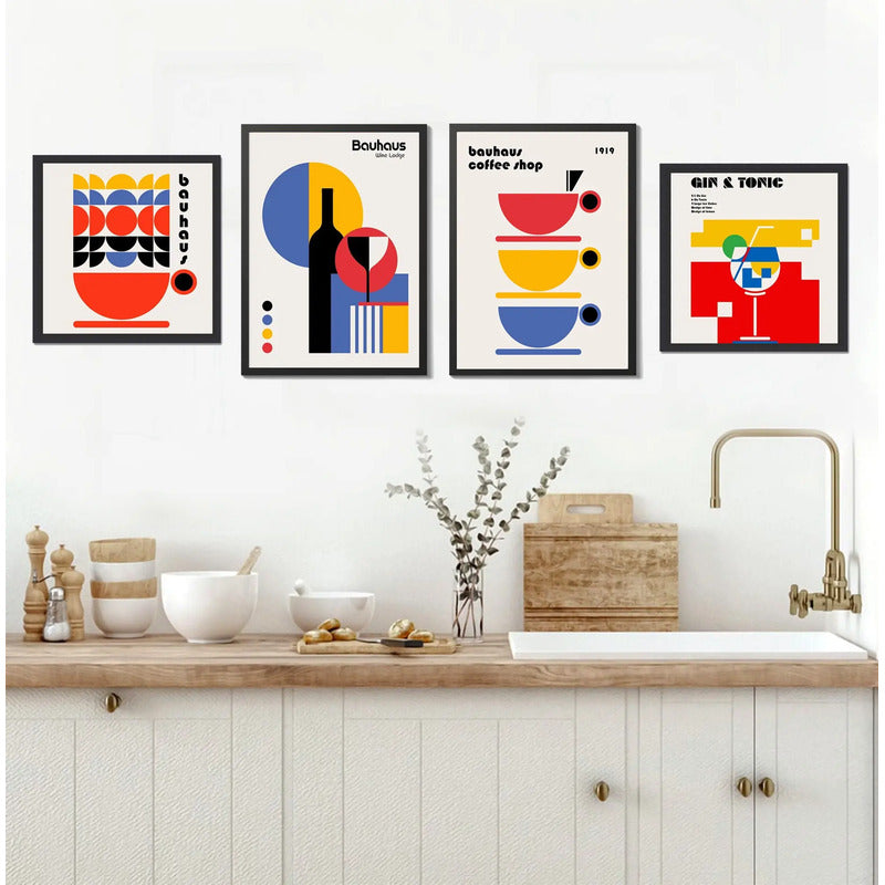 Wall 4 Cuadros Para Cocina Comedor Living Decoracion Moderna Bauhaus Vino Cafe Gin Tonica Con Marco Negro