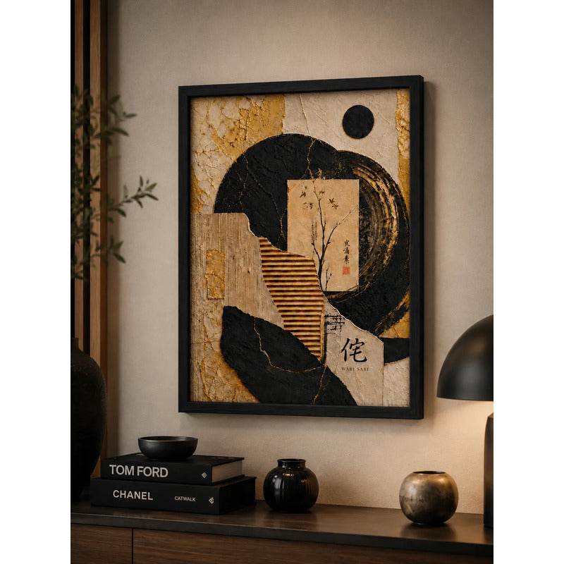 Cuadro Dormitorio Living Boho Abstracto Texturas Oro Brs2 Marco Negro