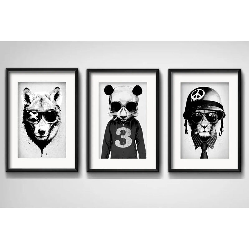 Set 3 Cuadros Lobo Panda León Animales Arte Urbano Paspartu