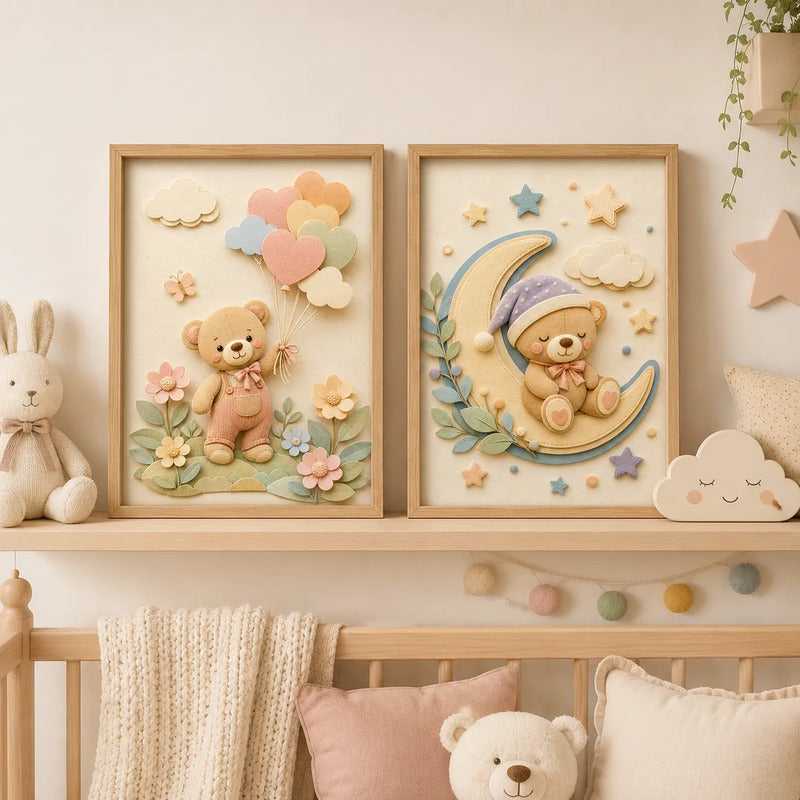 Set 2 Cuadros Infantil Bebe Oso Globos Floral Efecto 3d Marco Madera Oak Madera Clara