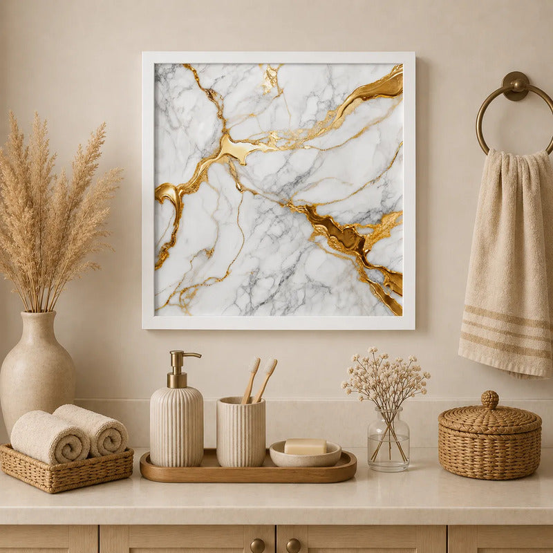 Cuadro Para Decoracion De Bano Mármol Blanco Dorado 33x33cm Marco Blanco