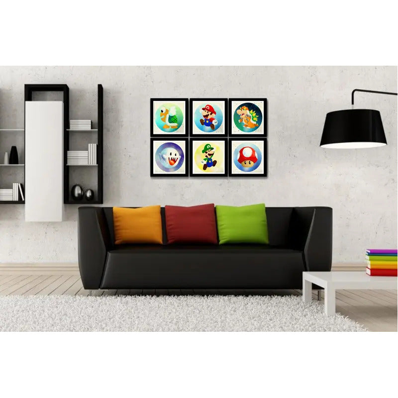 Set 6 Cuadros Mario Bros Luigi Toad Pop Art Game Decoracion Marco Negro