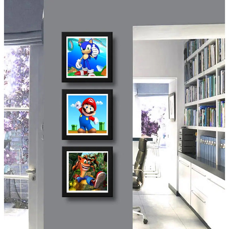 Set 3 Cuadros Sonic Mario Bros Crash Bandicoot Game 33x33cm Marco Negro