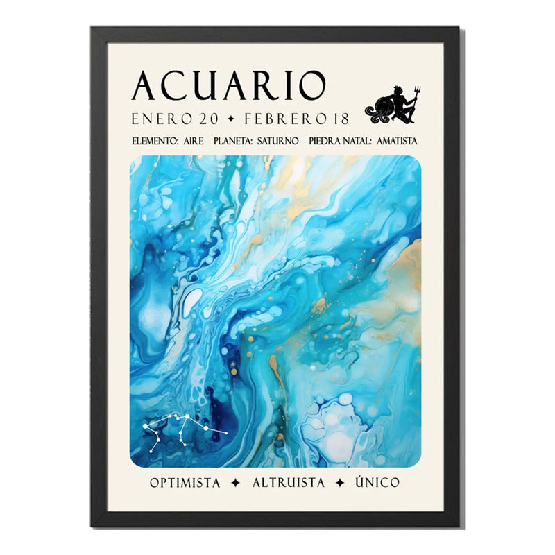 Cuadro Acuario Signo Astrologia Horoscopo Piedra Amatista Marco Negro