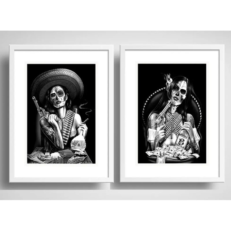 Set 2 Cuadros Catrina Calavera Mexicana Tattoo Con Paspartú