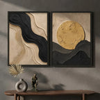 Set 2 Cuadros Living Dormitorio Abstracto 3d Sol Beige Oro Marco Negro