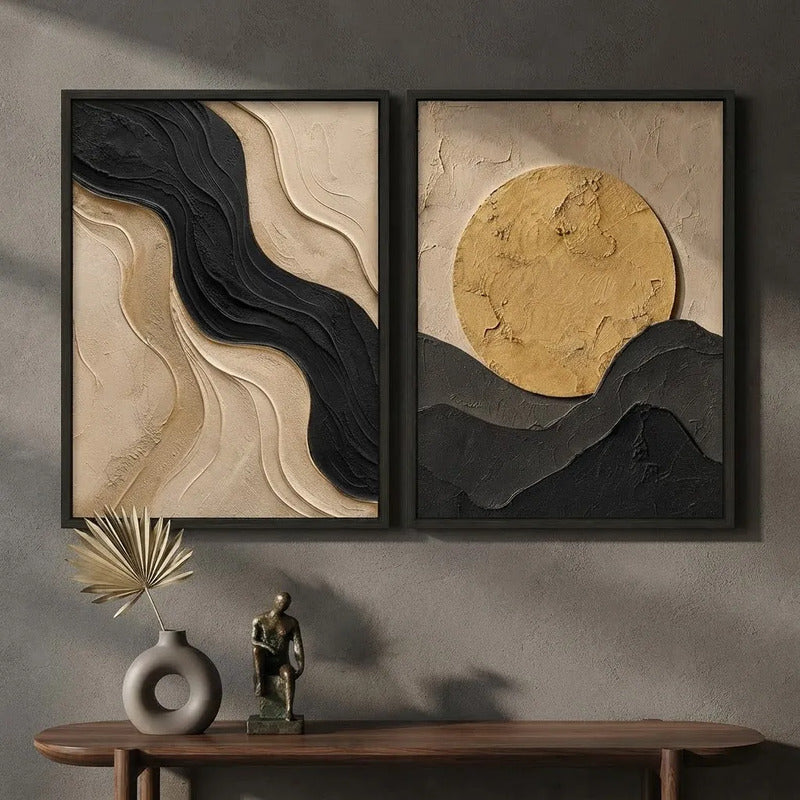 Set 2 Cuadros Living Dormitorio Abstracto 3d Sol Beige Oro Marco Negro