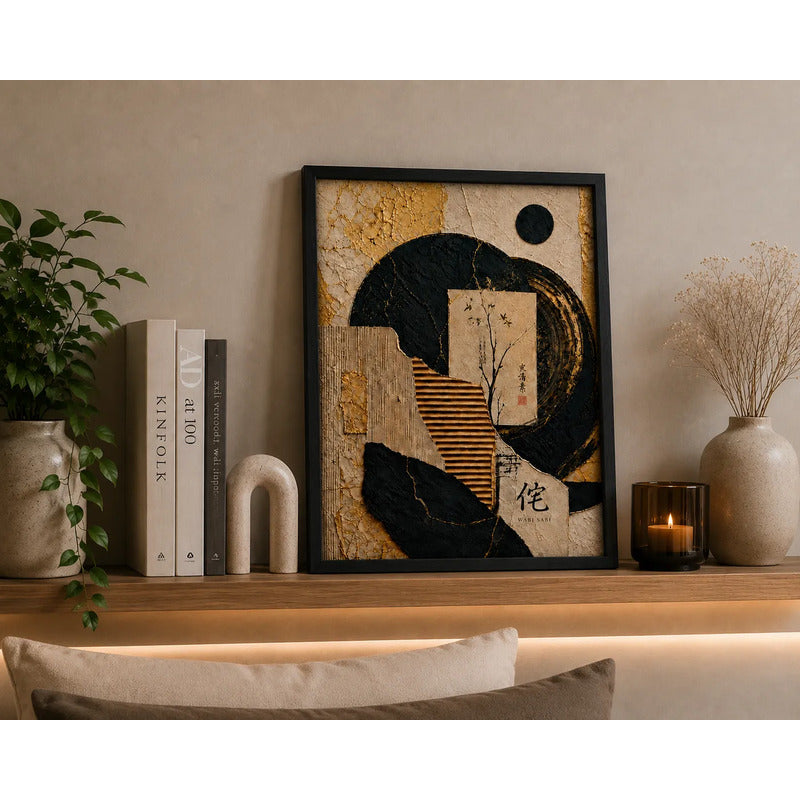 Cuadro Dormitorio Living Boho Abstracto Texturas Oro Brs2 Marco Negro