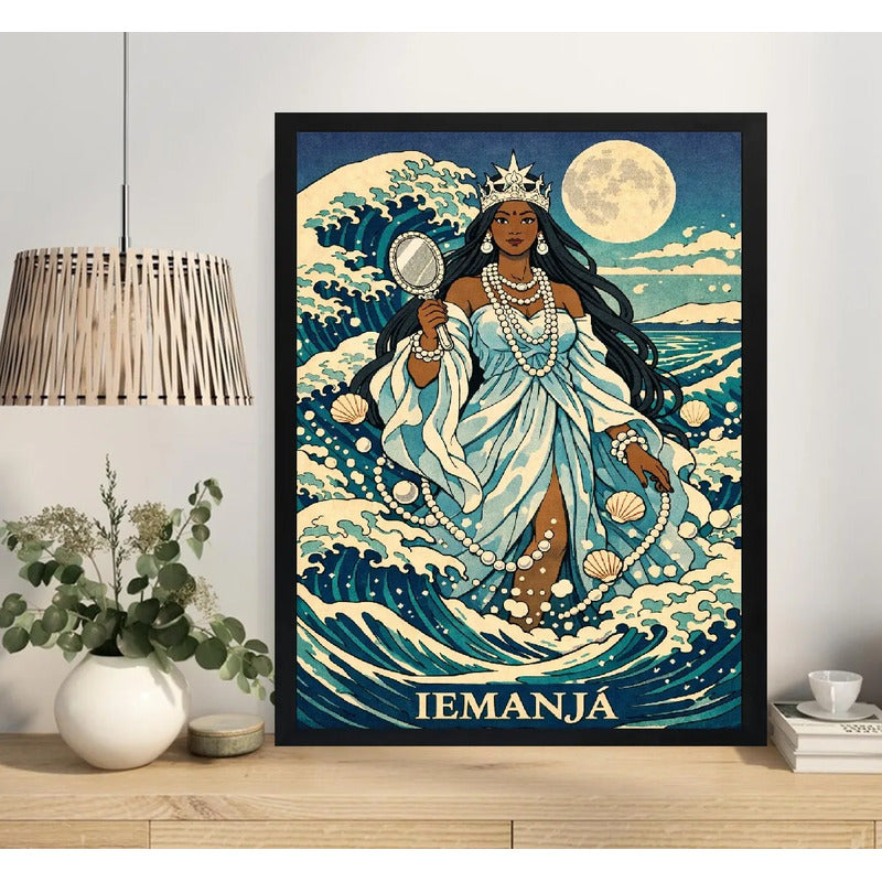 Cuadro Iemanja Diosa Del Mar Afro Orixa Umbanda Arte Olas Marco Negro