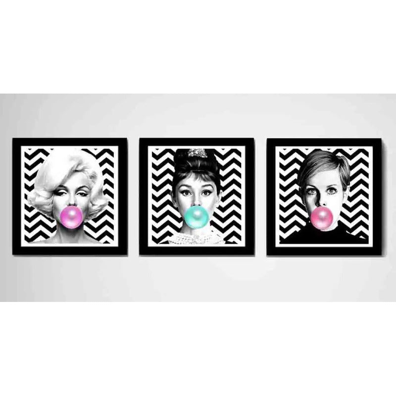Set 3 Cuadros Marilyn Monroe Audrey Hepburn Twiggy Chicle