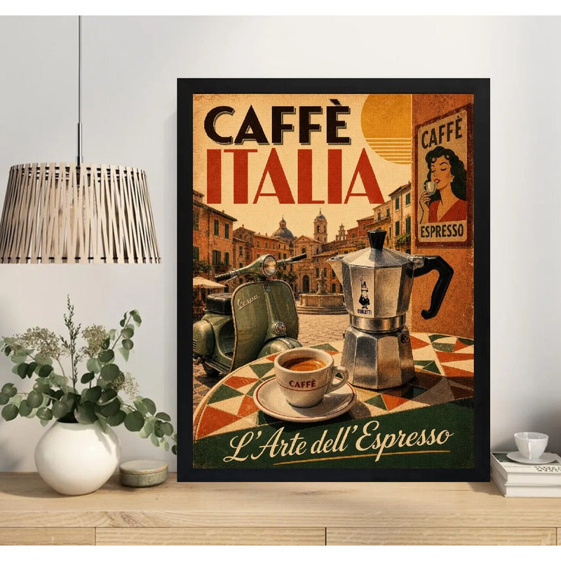 Cuadro Café Italia Arte Espresso Vespa Retro Cocina Vintage Marco Negro