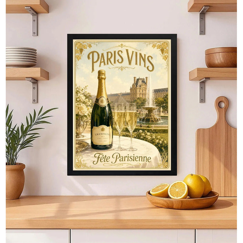 Cuadro Champagne Paris Retro Champán Decora Cocina Living Marco Negro